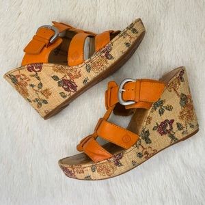 Born orange leather platform wedge sandals 10 floral burlap wrapped heel 42 boho